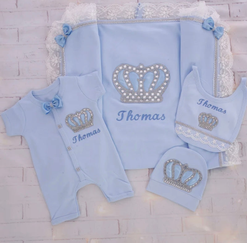 4pcs HRH Crown Royal Baby Boy Outfit - Light Blue/Silver or Gold