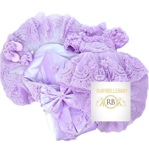 5pcs Dainty Daisy Rosy Shoulders Dress and Swaddle Set - Lilac