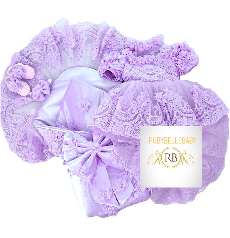 5pcs Dainty Daisy Rosy Shoulders Dress and Swaddle Set - Lilac