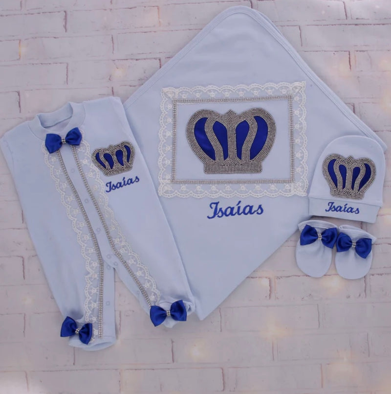 4pcs Royal Crown Baby Outfit - Light Blue/Silver or Gold