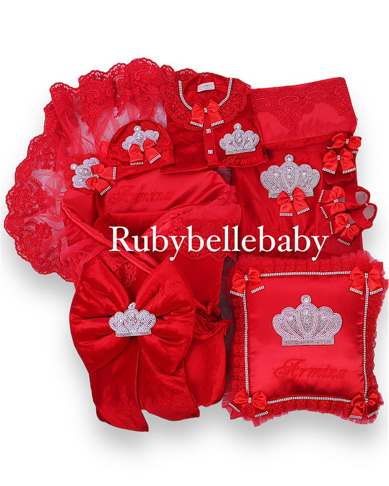 8pcs Luxury Velvet Jewel Crown Set - Red