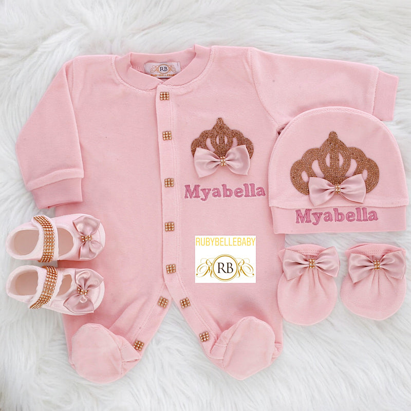 4pcs Princess Crown Velvet Set - Blush/Gold