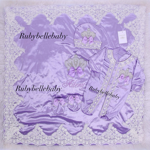 5pcs Jeweled Crown Velvet Blanket Set - Lilac