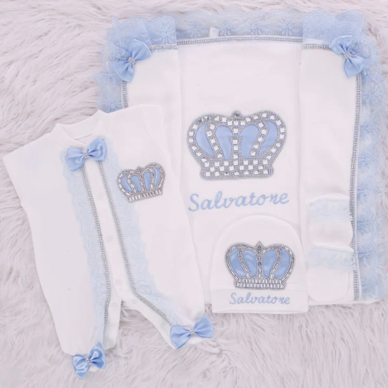 4pcs HRH Crown Royal Baby Boy Blanket Set - Light Blue/Silver or Gold