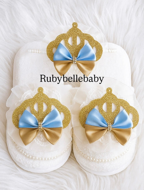 Crown Mom Slipper Set - Light Blue/Gold