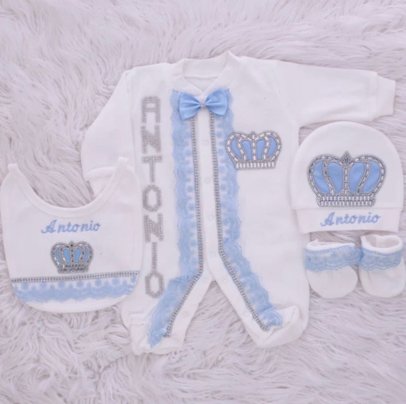 4pcs HRH Crown Baby Outfit - Light Blue/Silver or Gold