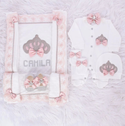 6pcs Princess Crown Baby Girl Romper and Lace Blanket Set - Blush Pink