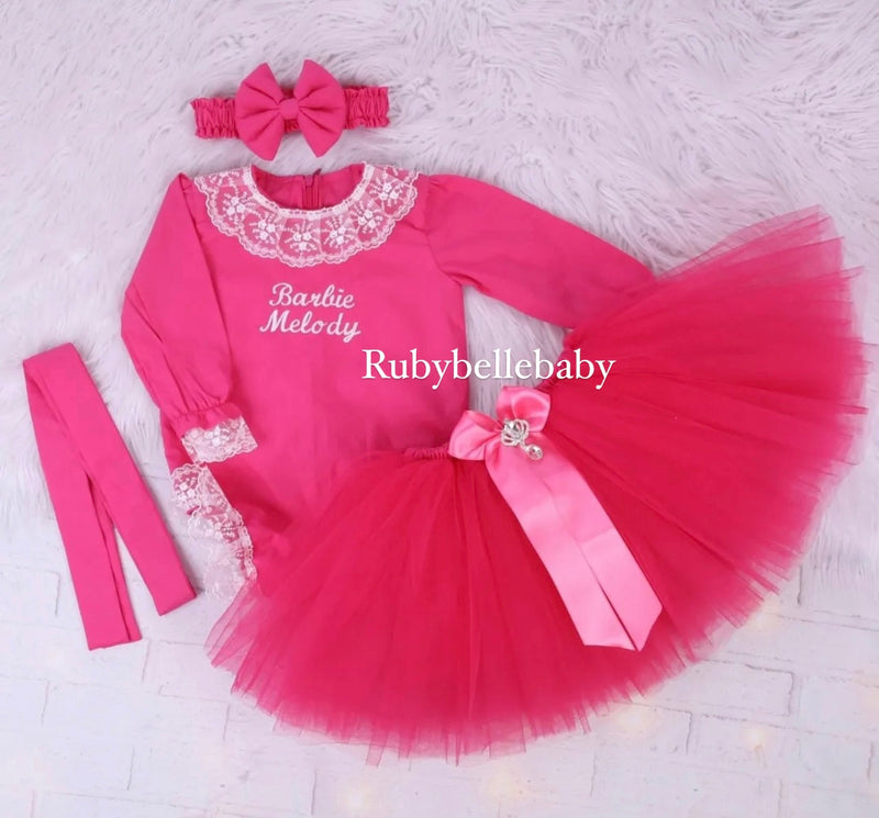Baby Girl Lace Romper Tutu Skirt Set -  Hot Pink