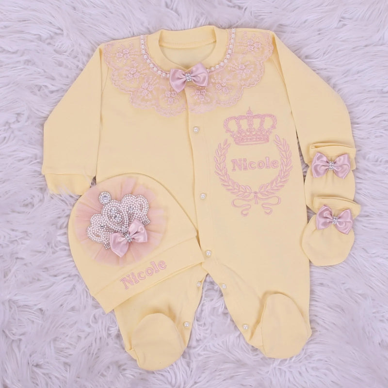 3pcs Jewel Crown Baby Girl Bling Outfit - Yellow/Blush