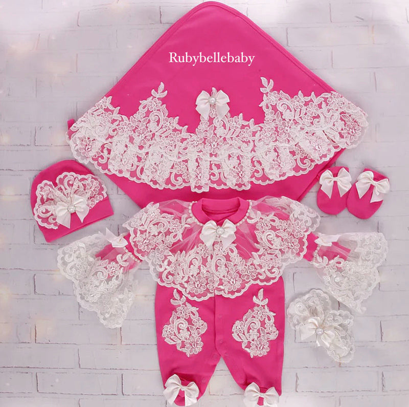 5pcs Camila Lina Baby Girl Outfit - Hot Pink/White