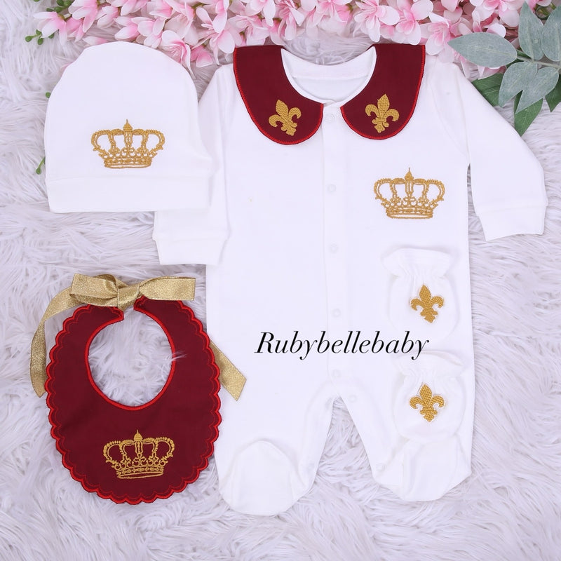 4pcs Fleur de Lis Mittens Newborn Baby Take Me Home Outfit