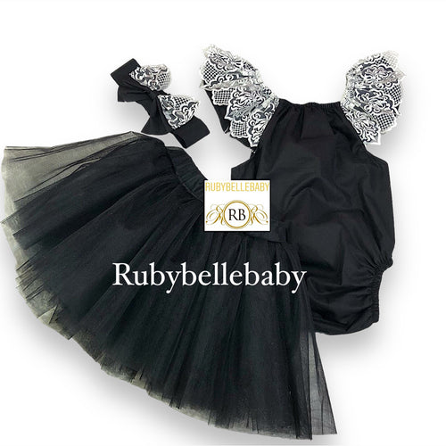 Amiera Baby Lace Romper Tutu Skirt Set - Black
