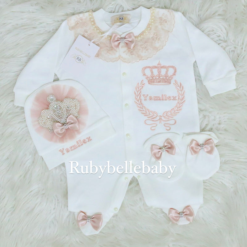 3pcs Jewel Crown Baby Girl Outfit -  Blush