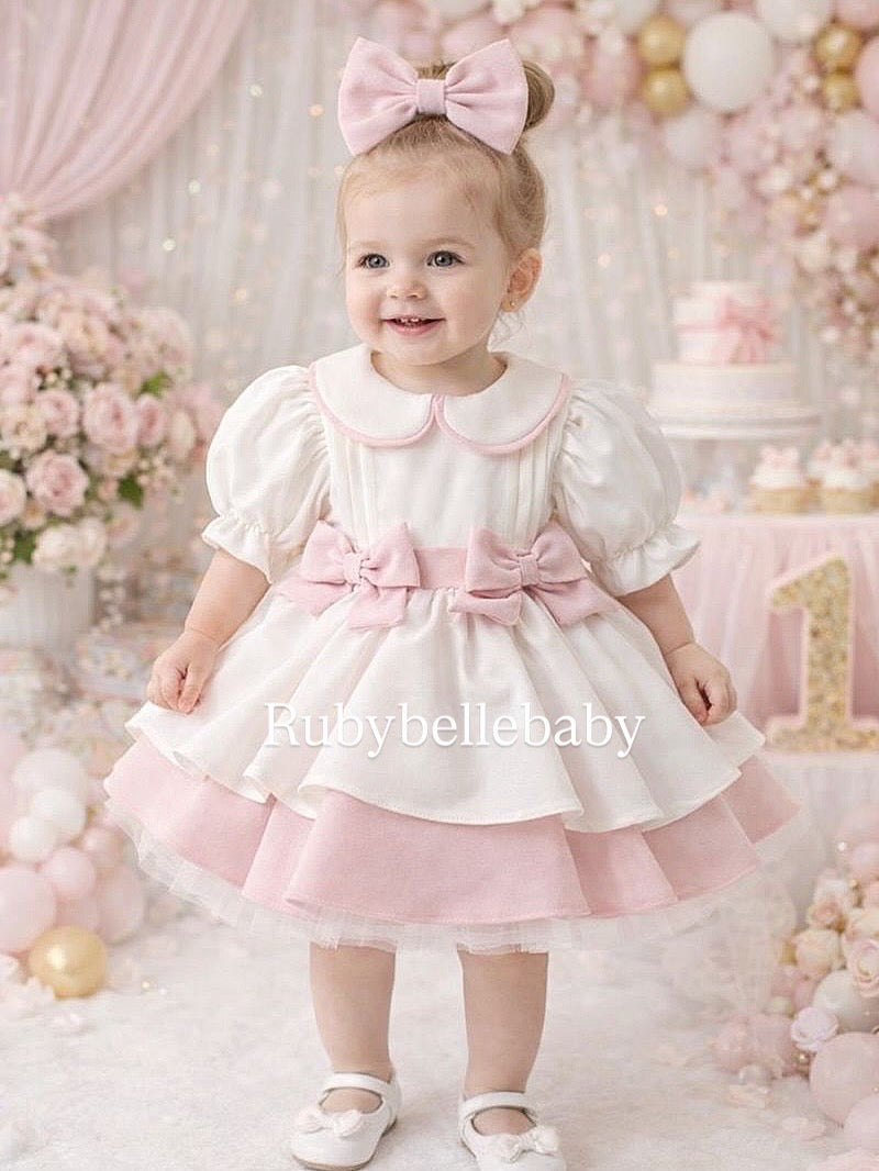 Personalized Baby Girl 1st Birthday Dress | White & Blush Pink, Peter Pan Collar 0-6M Personalized Baby Girl 1st Birthday Dress | White & Blush Pink, Peter Pan Collar 0-6M