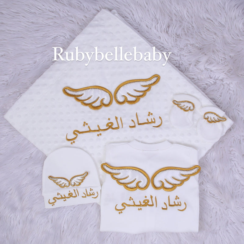 4pcs Bling Baby Blanket Rhinestone Wings Set - White/Gold