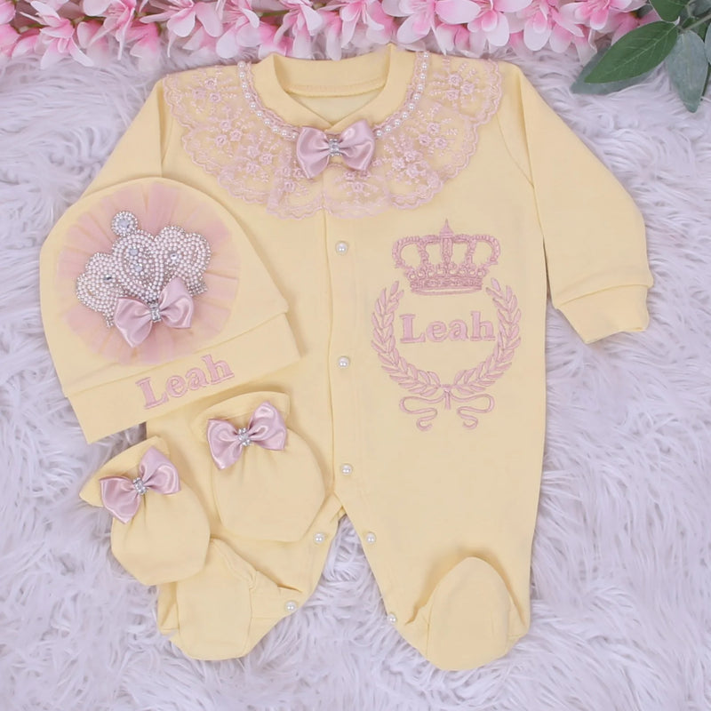 3pcs Jewel Crown Baby Girl Bling Outfit - Yellow/Blush