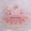 Luxury Pink Lace Baby Girl Dress Set with Matching Headband & Pearl Shoes – Infant Birthday, Christening & Special Occasion Outfit