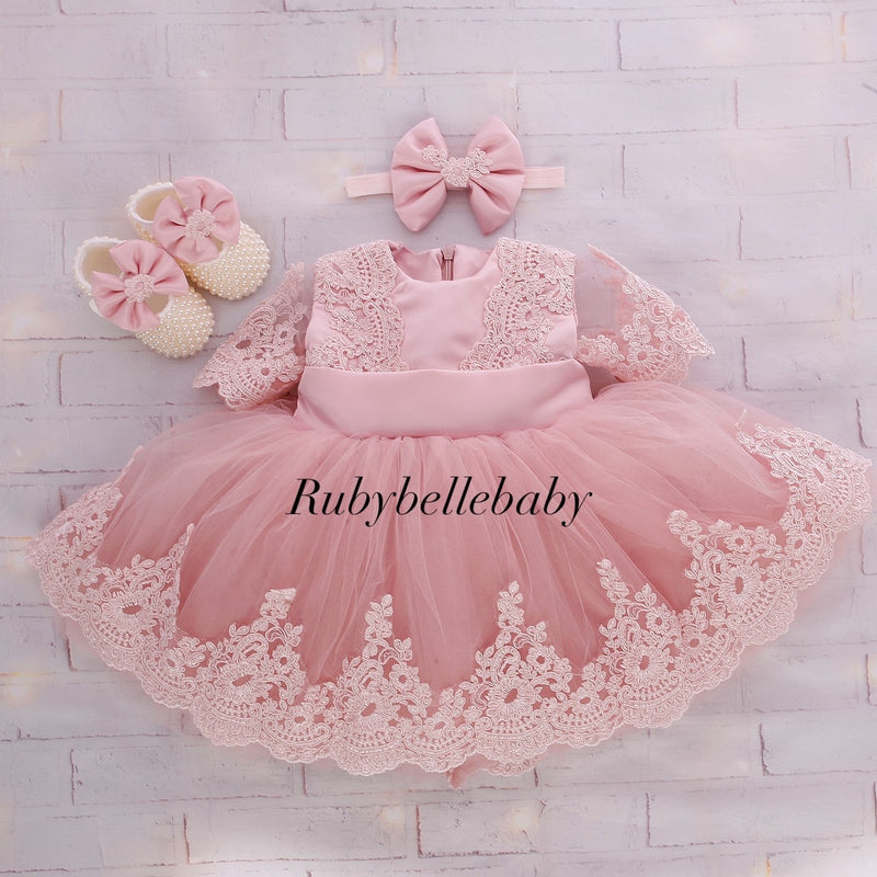 Luxury Pink Lace Baby Girl Dress Set with Matching Headband & Pearl Sh RUBYBELLEBABY Luxury Pink Lace Baby Girl Dress Set with Matching Headband & Pearl Sh RUBYBELLEBABY