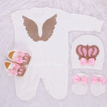 4pcs Wings HRH Crown Baby Girl Clothing Set - Pink/Gold/Silver