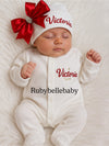 Personalized Holiday Satin Bow Hat Newborn Baby Girl Outfit
