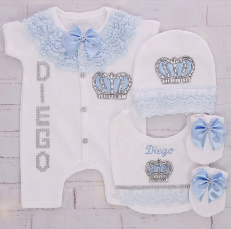 4pcs HRH Crown Royal Baby Girl Outfit - Light Blue/Silver or Gold