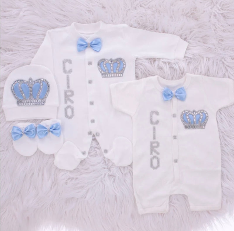 4pcs HRH Crown Royal Baby Boy Outfit - Light Blue/Silver or Gold