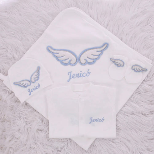 4pcs Bling Wings Baby Blanket Set - White/Light Blue