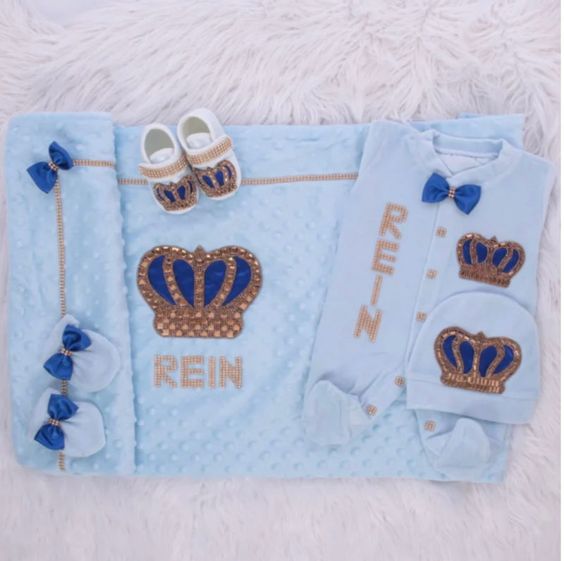 5pcs HRH Crown Royal Baby Boy Clothing Set - Light Blue/Gold