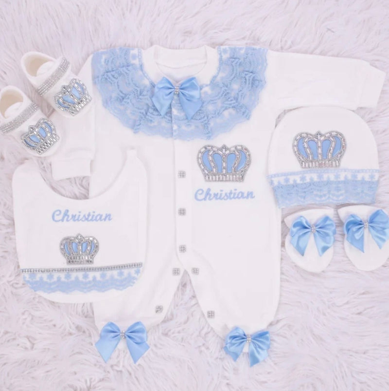 5pcs HRH Crown Royal Baby Girl Outfit - Light Blue/Silver or Gold