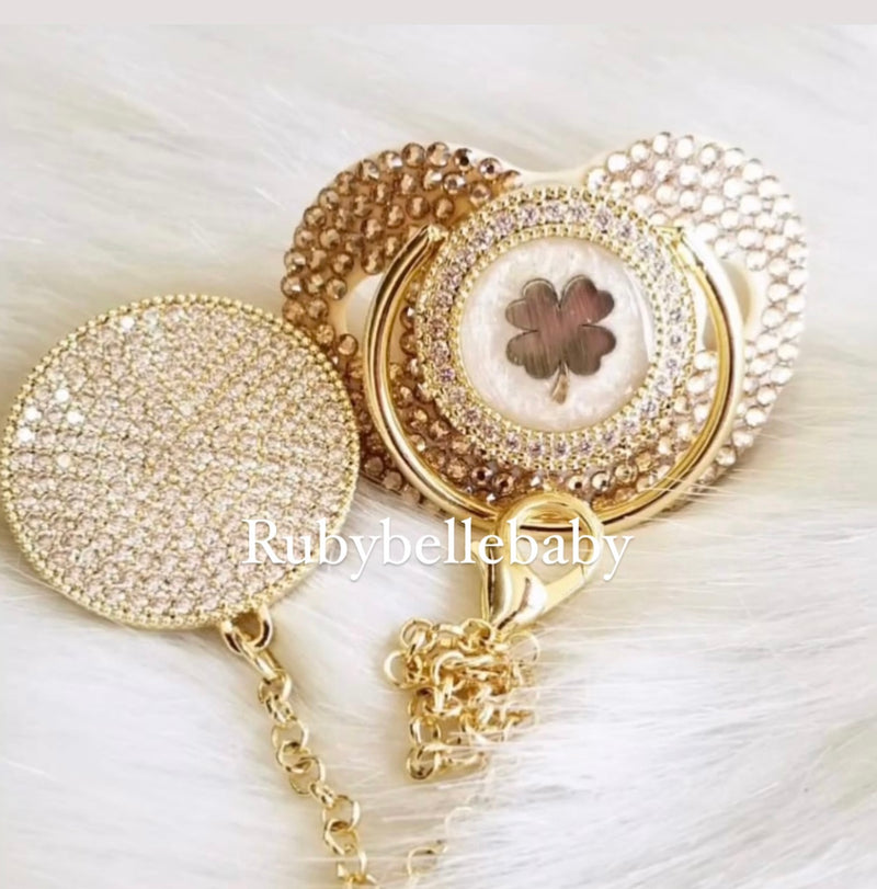 Clover Pacifier Luxury Bling Pacifier Clip Set - Gold