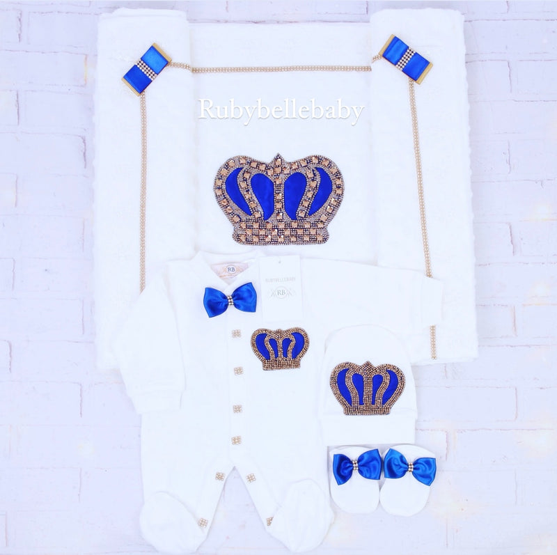 4pcs Royal Crown and HRH Blanket Set - White/Royal Blue