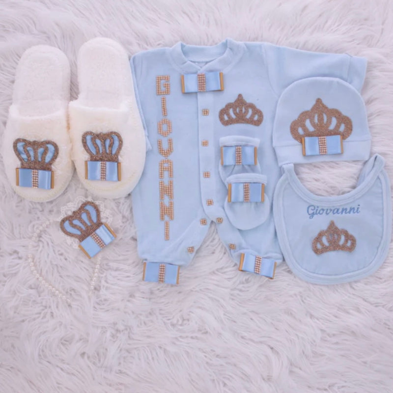 6pcs HRH Crown Baby Boy & Mom Set - Light Blue/Gold