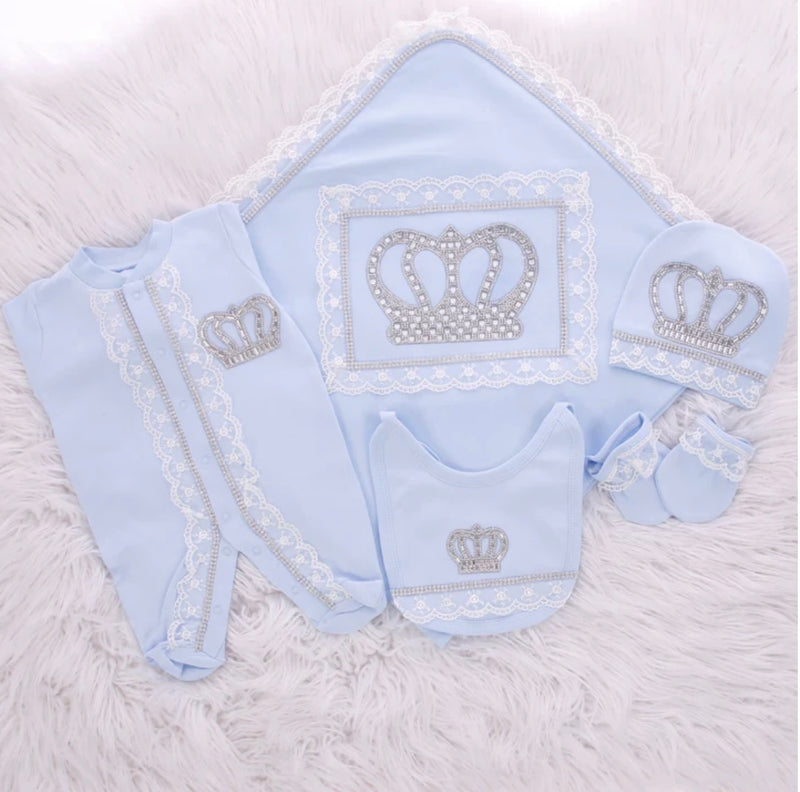 5pcs HRH Crown Royal Baby Boy Outfit - Blue/Silver or Gold