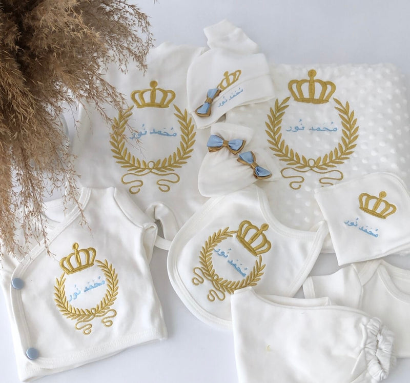 10pcs Newborn Baby Boy Embroidery Set - Gold/Blue