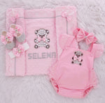 5pcs Teddy Baby Lace Romper Luxury girls Blanket Set - Pink