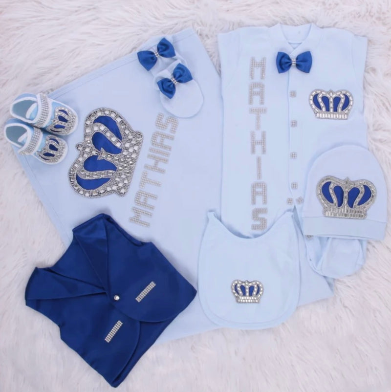 7pcs HRH Crown Bling Baby Boy Tux Set - Royal Blue/Silver