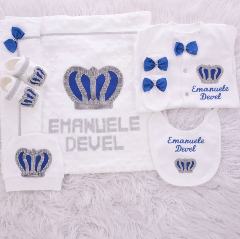 6pcs Royal Crown Baby Boy Set - White/Blue