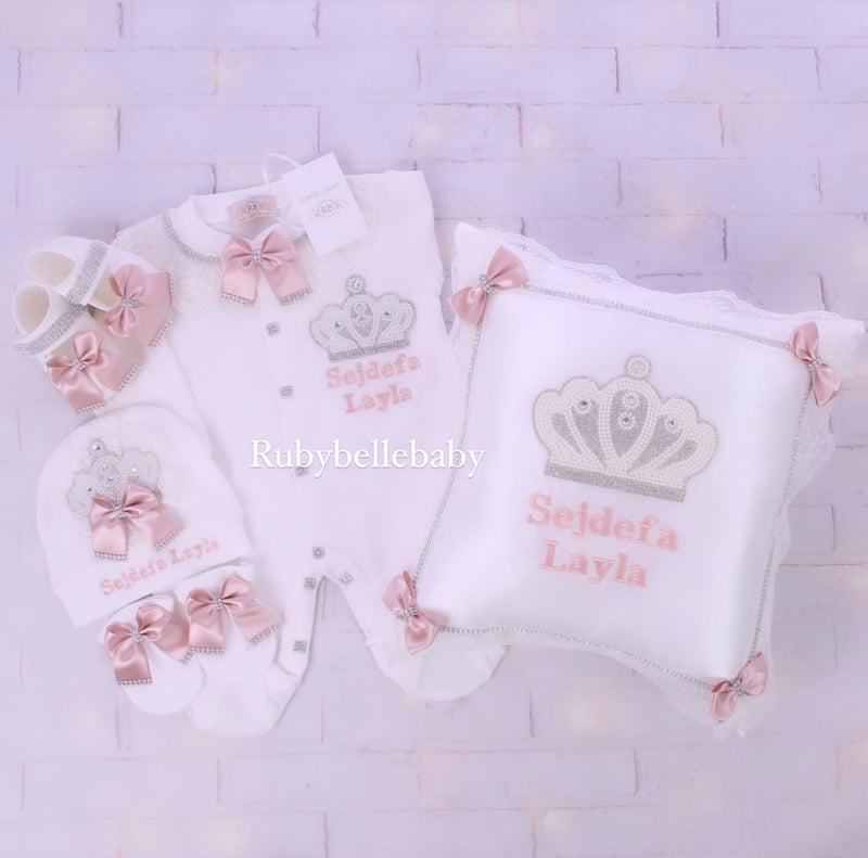 5pcs Jeweled Crown Pillow Set - White/Blush