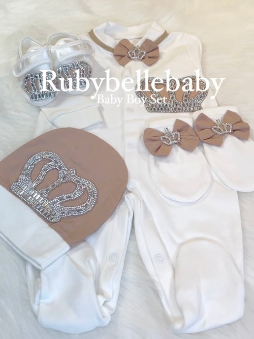 4pcs Baby Boy Crown Set - White/Brown