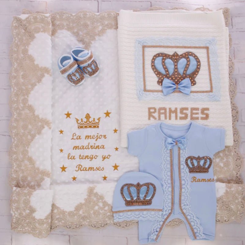 5pcs HRH Crown Royal Baby Boy Wool Blanket Set - Blue/Silver or Gold