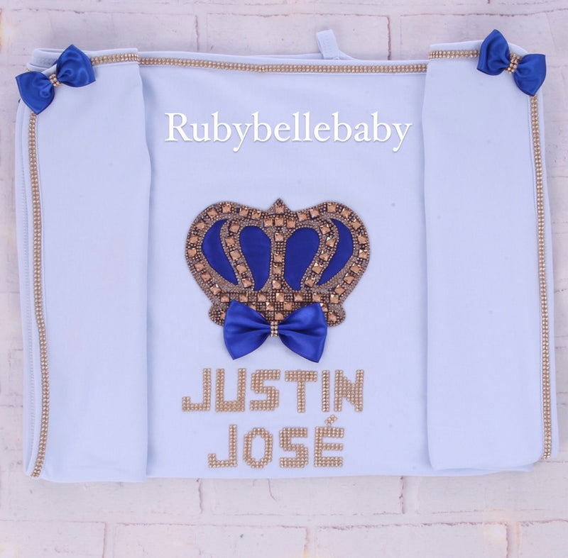 Bling Baby Boy HRH Crown Receiving Blanket - Blue