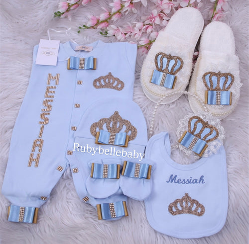 6pcs HRH Crown Baby Boy & Mom Set - Light Blue/Gold