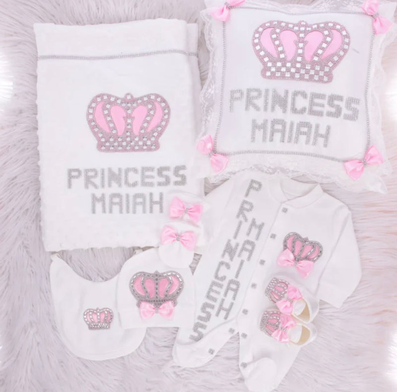 7pcs HRH Crown Baby Luxury Girl Blanket Set - Pink