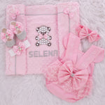 5pcs Teddy Baby Lace Romper Luxury girls Blanket Set - Pink