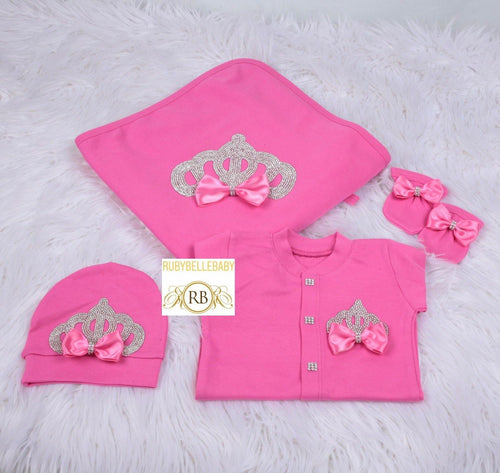 4pcs Princess Crown Blanket Set - Pink/Silver