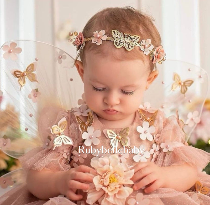 Blush Garden Fairy Baby Girl Dress Set Butterfly & Flower Appliqu w RUBYBELLEBABY Blush Garden Fairy Baby Girl Dress Set Butterfly & Flower Appliqu w RUBYBELLEBABY