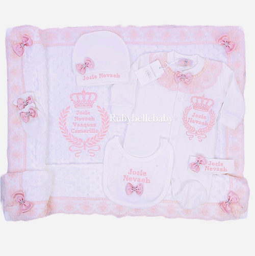 6pcs Embroidery Crown Lace Blanket Set -  Blush