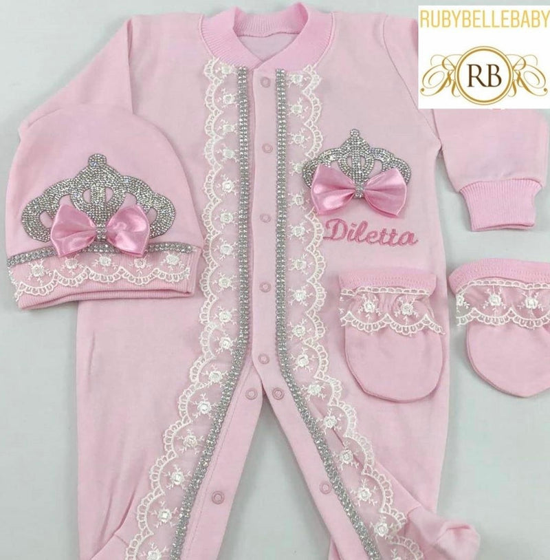 3pcs Lace Bow Princess Crown Set - Pink