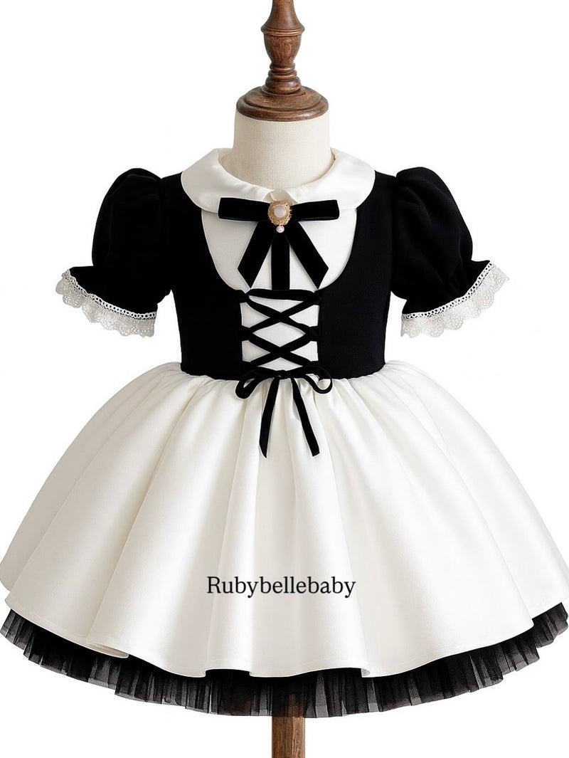 Adelaide Vintage Lace Bow Puff-Sleeve Dress  Black & White 11yrs