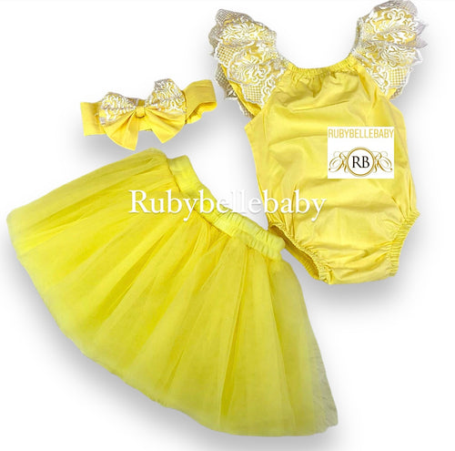 Amiera Baby Lace Romper Tutu Skirt Set - Yellow
